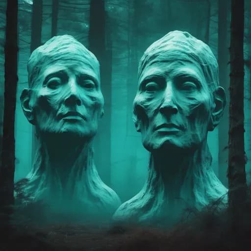 Two giant spirit heads in barren forest