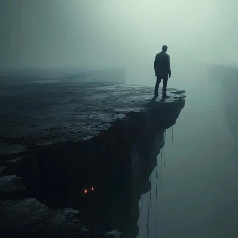 Man standing at edge of precipice, liminal world