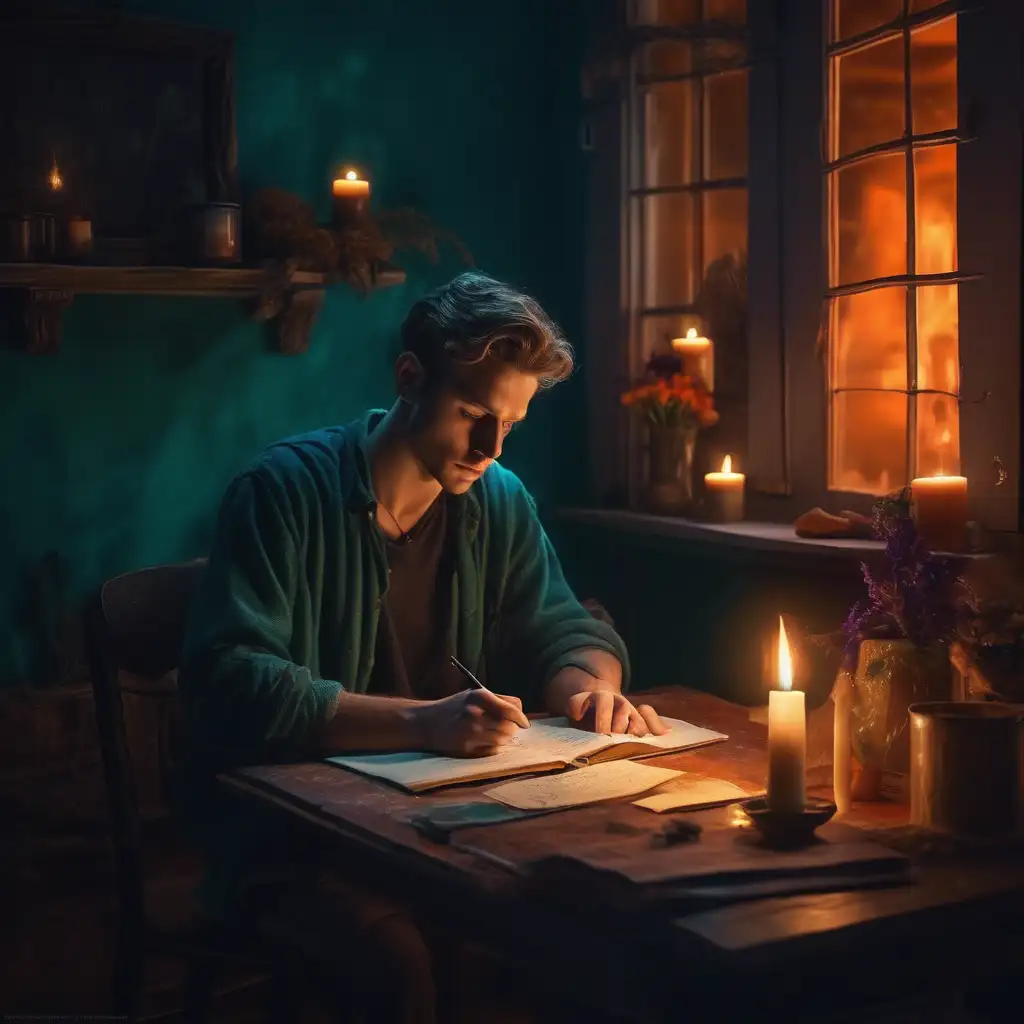 Young man writing poetry by candlelight