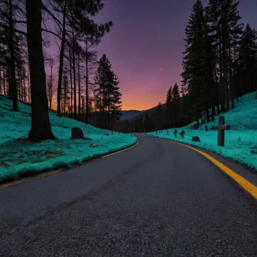A widing road leading into forested mountain